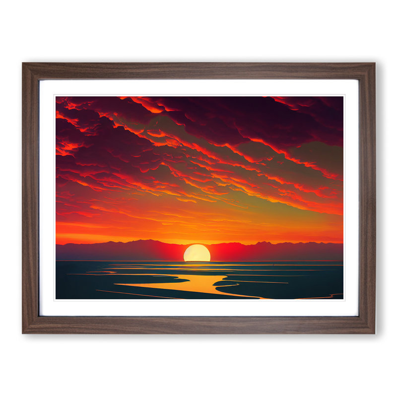 Lush Ocean Beach Sunset 1 Piece Single Picture Frame Wall Art, 25cm H x 34cm W x 2cm D, Walnut