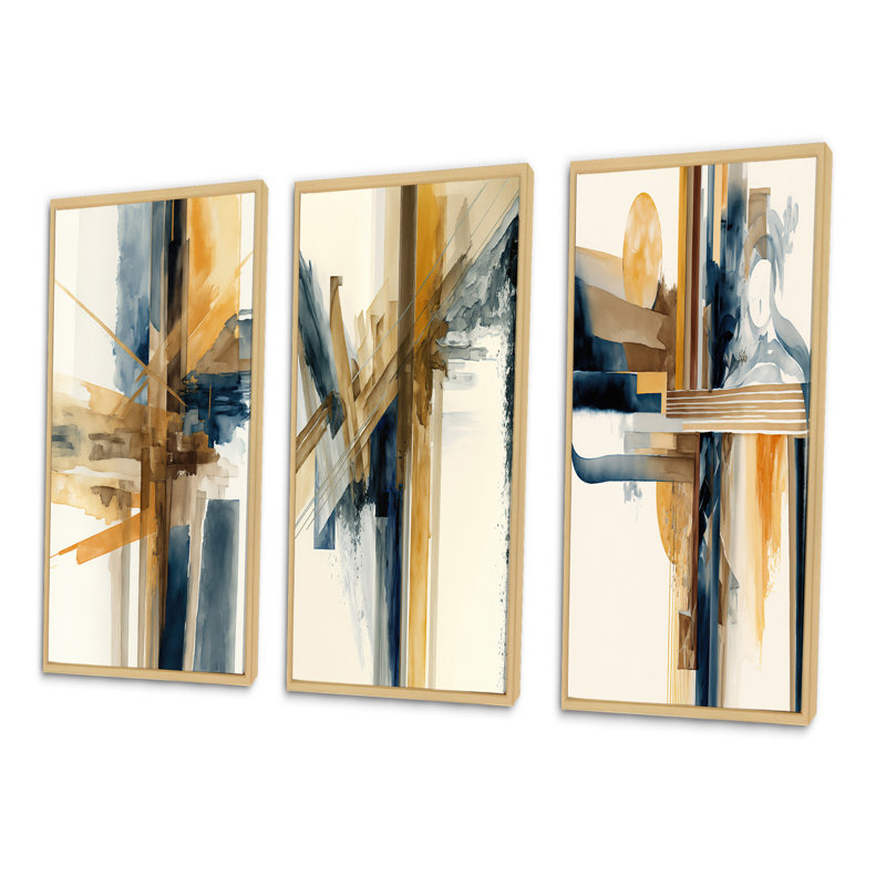 Aquarelle moderne abstraite - ensemble d'art moderne de 3 pièces, Brun, H 32 po x l 48 po