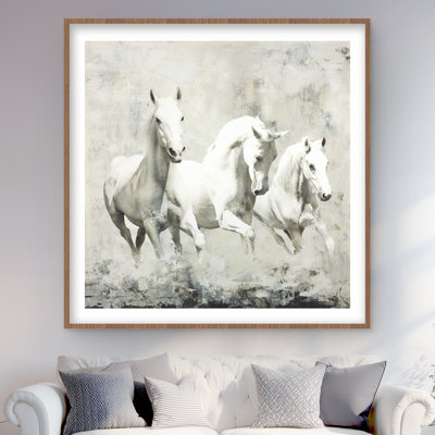 Three White Horses Running - Office Beige Framed Print Decor