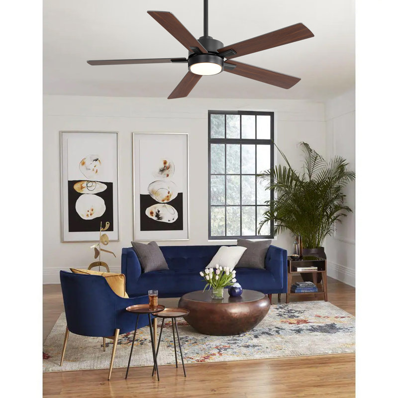 Rolanda 52" 5-inch Downrod Mount Ceiling Fan with Light Kit and Remote Control, Black with Walnut Blades
