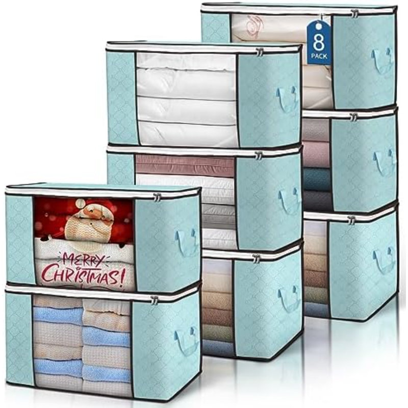 90 L Large Storage Bags, 8 Pack Clothes Storage Bins Foldable Closet Organizer Storage Containers With Durable Handle Storage And Organization, Blanket, Comforters, Bed Sheets, Pillows And Toys (Blue)