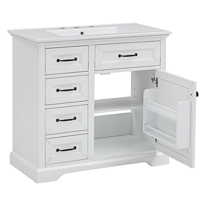 Meuble-lavabo autoportant avec comptoir en céramique, Blanc, Noir