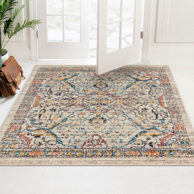 Alkire Floral Ivory/Navy/Yellow/Orange Area Rug, Square 6'1"