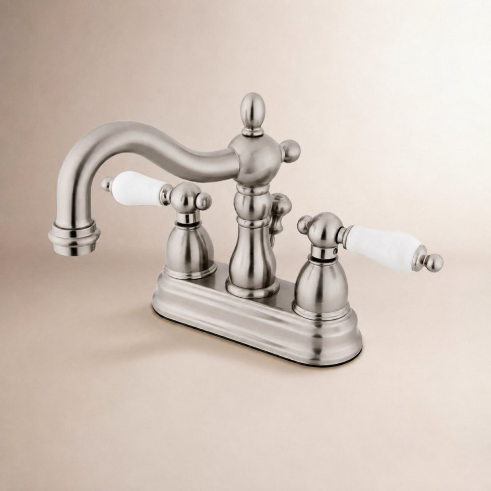 Kingston Brass Heritage Two-Handle 3-Hole Deck Mount 4" Centerset Bathroom Faucet with Plastic Pop-Up, Brushed Nickel