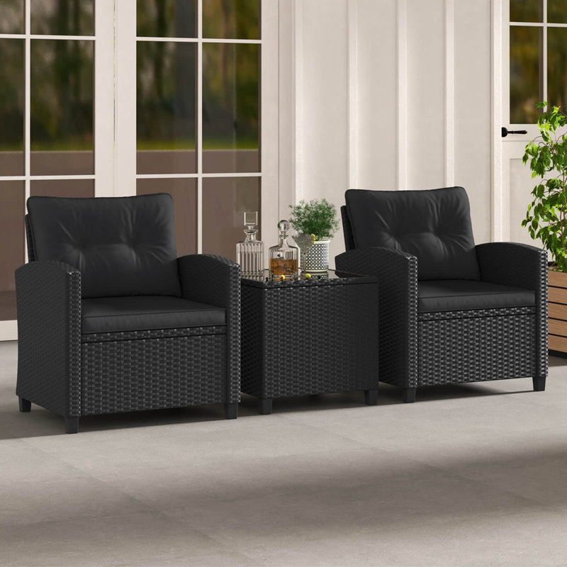 3 Pcs Patio Furniture Set With Tempered Glass Coffee Table Washable Cushions, Black
