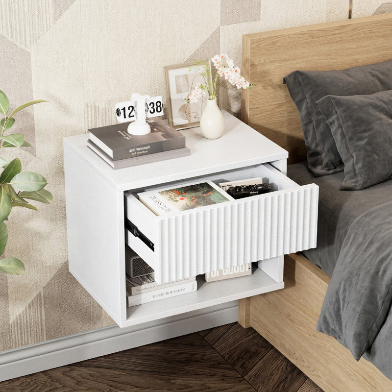 16 Inches Wide Floating Nightstand - 1 Drawer, 1 Shelf - Set Of 2, White