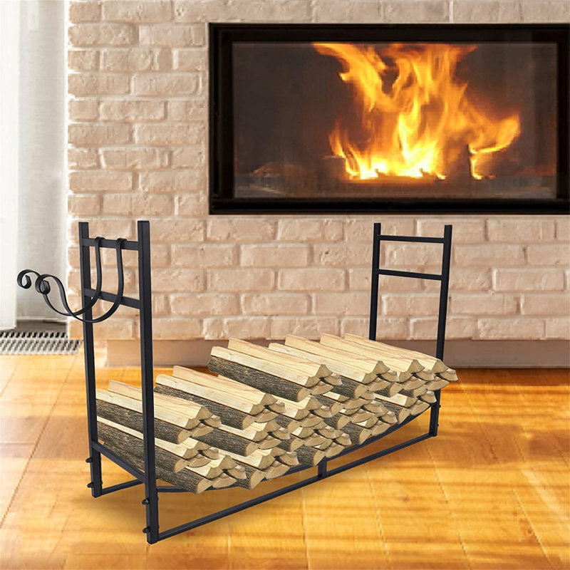 4ft Heavy-Duty Steel Firewood Rack with Kindling Hooks, 200lbs Capacity Elevated Log Holder with Anti-Tip Locking Rings for Fireplace & Patio, Black