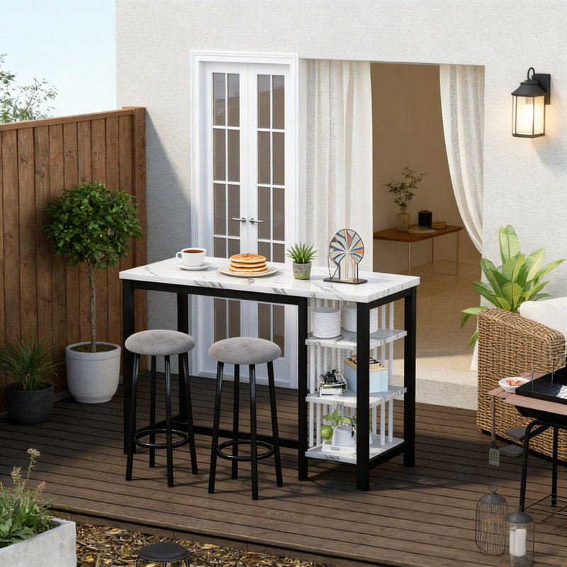 3 - Piece Counter Height Bar Table Set With 2 Upholstered Stools, White/Black, White Marble/Black