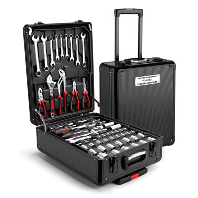 Ensemble d'outils à main de 399 pièces avec roulettes en aluminium et poignée télescopique en acier au chrome vanadium noir pour la réparation d'auto et la maison