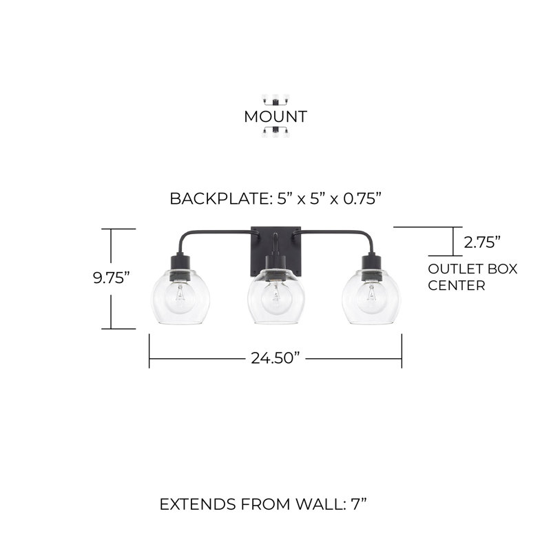 Éclairage pour meuble-lavabo à intensité variable Bailey, Noir mat, Transparent, 3 lumières