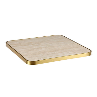 Plateau de table en pierre frittée d'aspect travertin 30 po x 48 po avec rebord en acier inoxydable doré pour une utilisation intérieure et extérieure