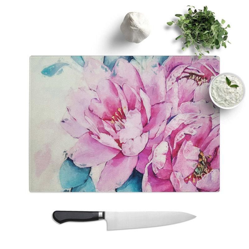 Tempered Glass Watercolour Pink Peonies in Abstract Chopping Board, 28.5 cm W x 20 cm L