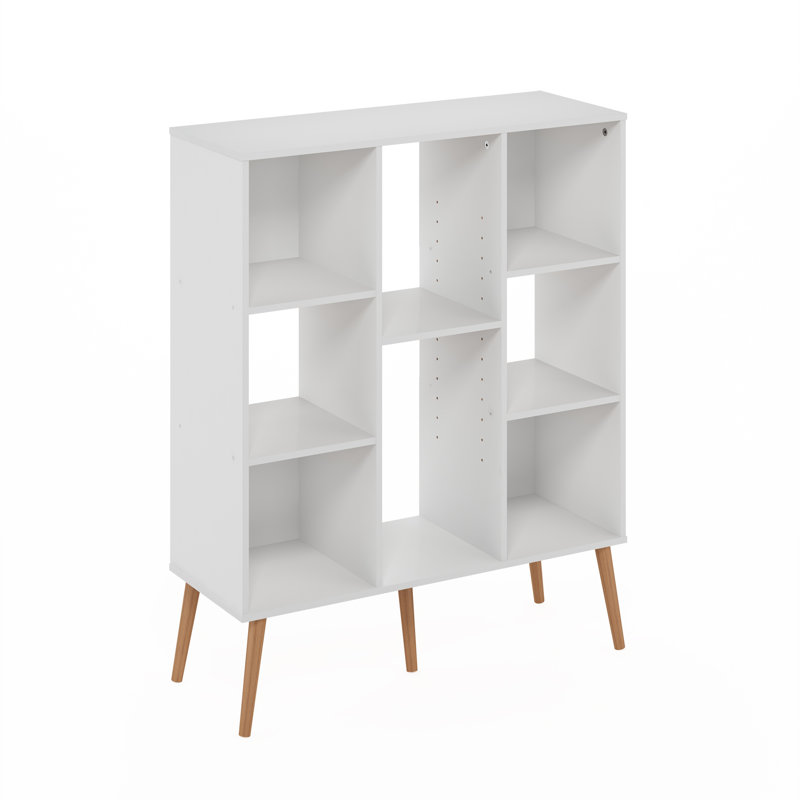 Claude Mid Century Style 8-Cube Bookcase, Bookshelf, Storage Organizer with Wood Legs, , White