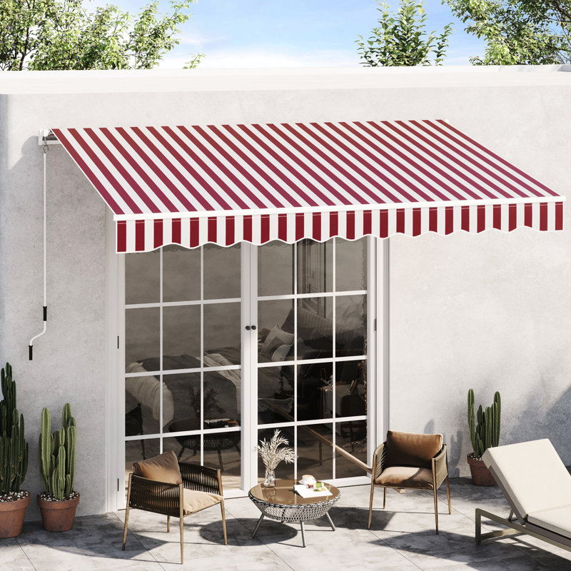 Auvent de terrasse 10 'x 8' - et eau -, manivelle manuelle, structure en aluminium, pour patio, balcon, cour, abri rayé rouge