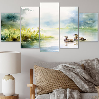 Ducks Swimming In Spring Pond Watercolor - Animal Duck Canvas Wall Art - 5 Panels -  Rosalind Wheeler, 0D0398798AAD441284BF903D30AA3C4D