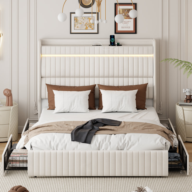 Upholstered Bed Frame With 4 Drawers, Bed With Storage Headboard And Charging Station