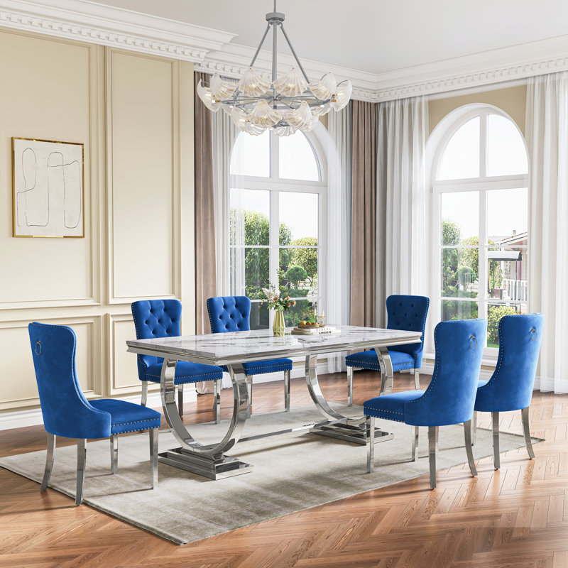 Rectangular 70.1"L X 35"W Dining Set, Bleu / Argent, Blanc / argenté, 7 pièces : table, 6 chaises