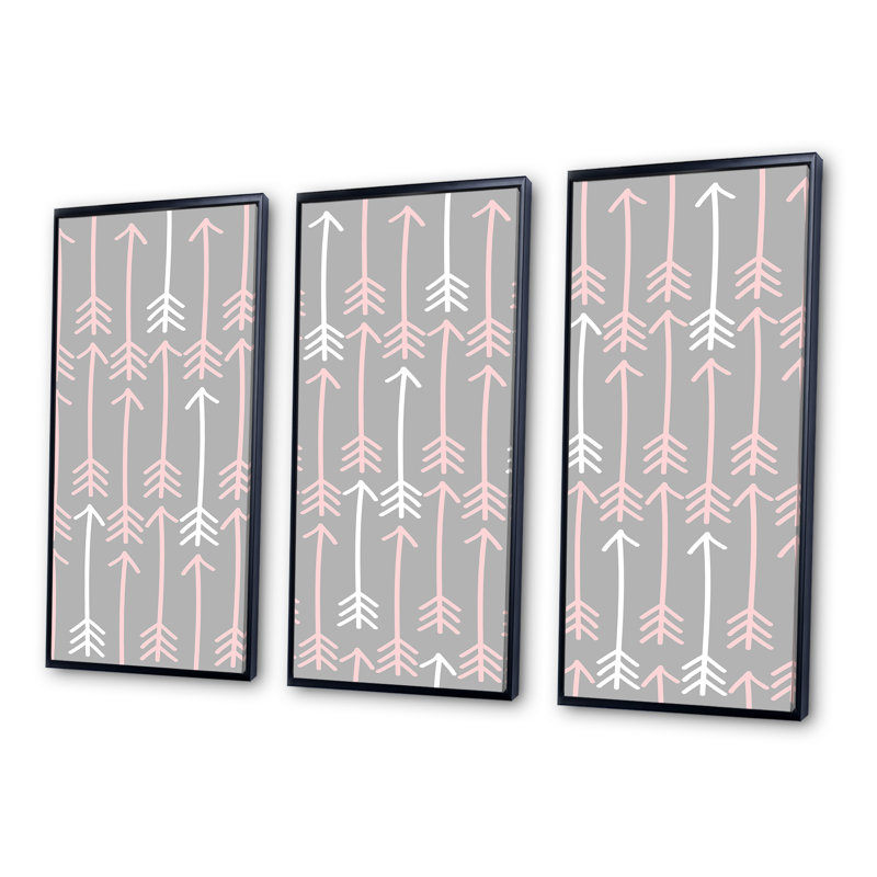 «Pink and Grey Arrows», impression sur toile flottante 3 pièces, Cadre noir, H 28 po x l 36 po x P 1 po