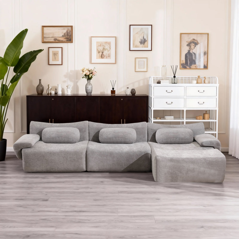 Canapé modulaire modulaire en chenille 3 places avec repose-pieds et coussins ergonomiques, Gris chenille