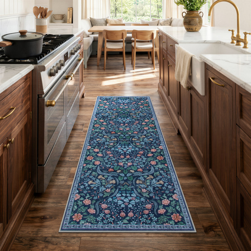 Tapis lavable à motif floral Kaldi, Tapis de couloir 2 pi x 6 pi, Bleu