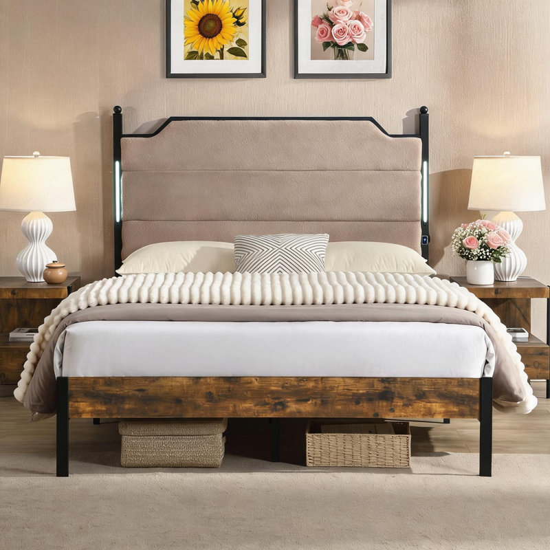 Extra-Large Upholstered Headboard And Bed Frame With Charging Port And Touch-Sensitive LED Light; Quiet Storage And Springless Mattress.
