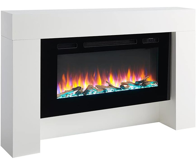 FLAMME Carmaux Freestanding Electric Fireplace, 3 LED Flame Colours, 2kW Heater, Logs or Crystal Fuel Bed, Remote, Cement Grey