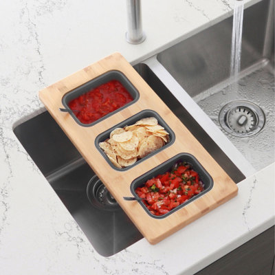 STYLISH 17 inch Workstation Sink Divided Serving Board with 3 Collapsible Containers