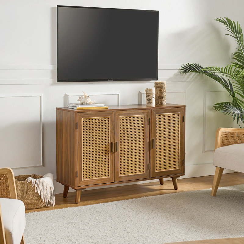 Hearn 109 cm Modern Wide Sideboard with 3 Rattan Doors, Walnut