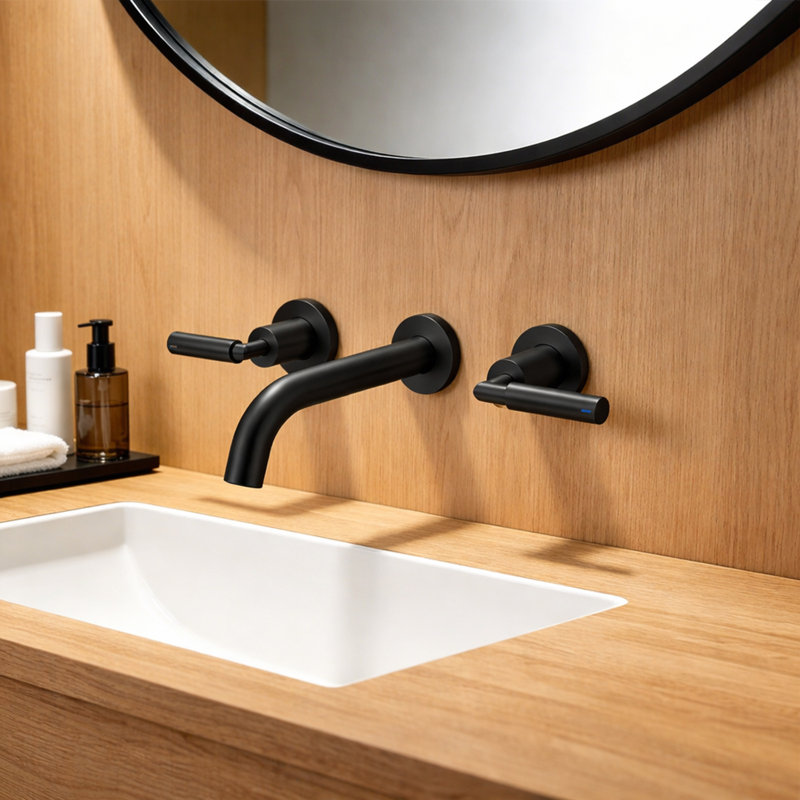 Robinet de salle de bain à 2 poignées avec drain, Noir mat