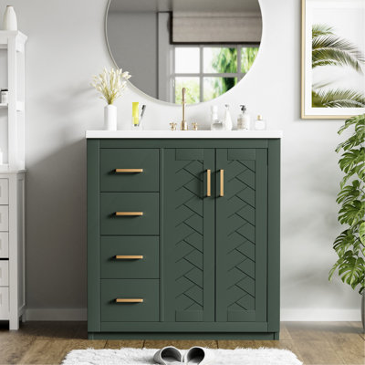 Ensemble de meuble-lavabo 30 po avec lavabo en céramique, armoire de rangement en bois massif, ensemble de meuble-lavabo autoportant avec 3 tiroirs et portes à fermeture douce