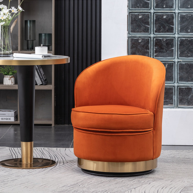 Velvet Upholstered Barrel Chair with Metal Base, Orange