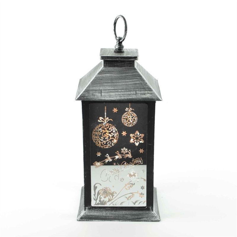 220mm Rustic Silver LED Christmas Lantern with Warm White Lights, PVC Tabletop Holiday Decoration