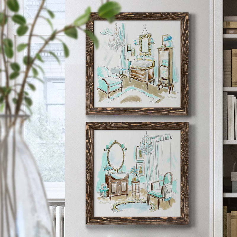 «Blue Opulence I», ensemble de 2 peintures sur toile encadrées, Encadré de bois de noyer, H 17 po x l 34 po x P 1,5 po