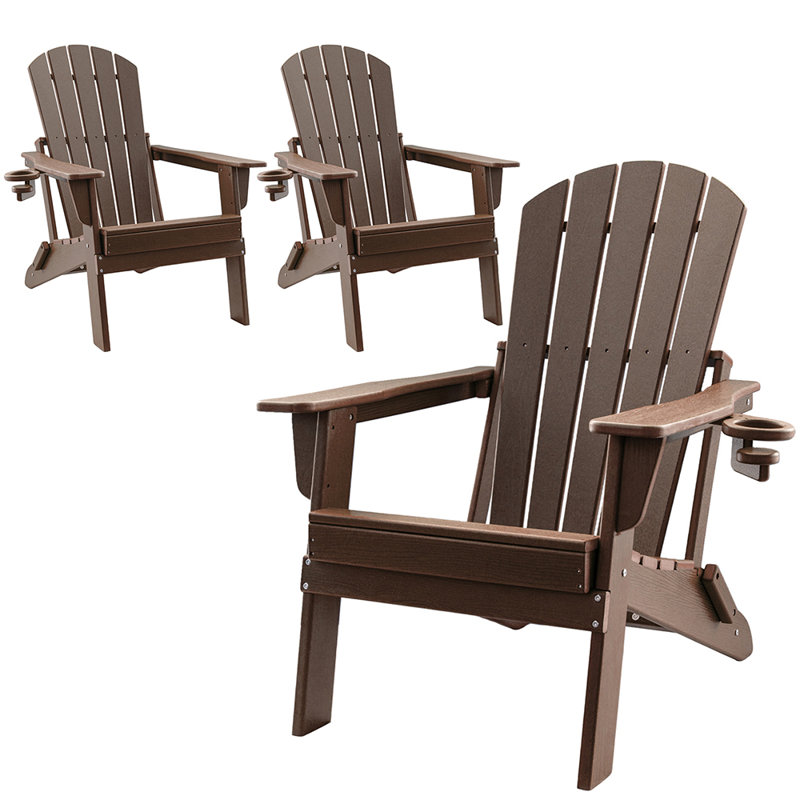 HDPE Folding Adirondack Chair With Cup Holder,Weather-Resistant, Low Maintenance,Supports Up To 400Lbs,,3Pack, Coffee