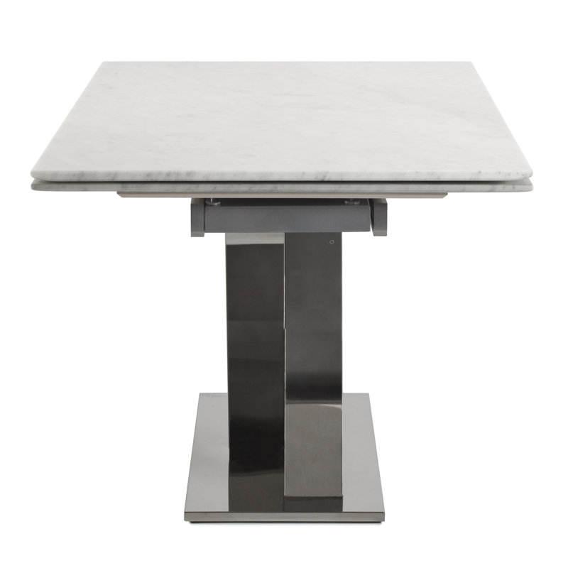 Azriela Extendable Marble Top Metal Base Dining Table, Light Silver