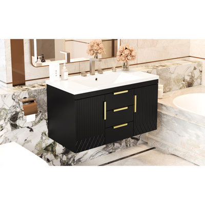 Meuble-lavabo mural avec lavabo en résine 36 po, 2 tiroirs, glissière lisse, finition peinte imperméable, rangement suffisant pour 2 tiroirs et armoires, facile à assembler