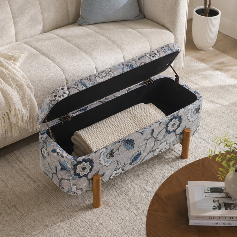 Banc de rangement avec repose-pieds Ashton, Tissu floral gris