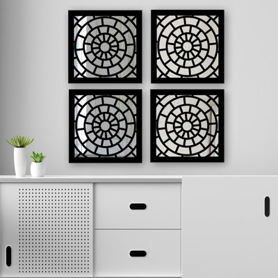 Ensemble de miroir élégant (4 pièces), finition argentée, 7,9 po x 7,9 po | 100% verre avec motif de fibres à densité moyenne de 0,12 pouce découpé au laser | Conception facile à suspendre au mur | Parfait pour la décoration intérieure, le salon et la chambre à coucher