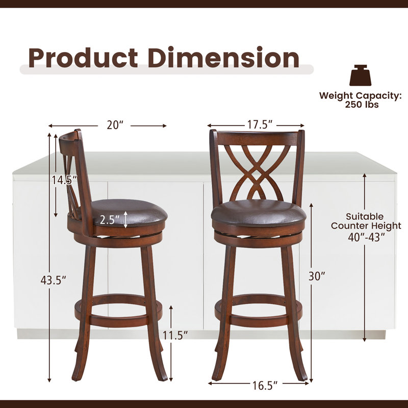 Red Barrel Studio Swivel Counter Height Dining Pub Chairs with Rubber Wood Legs, Bar Stool (29” Seat Height), 2