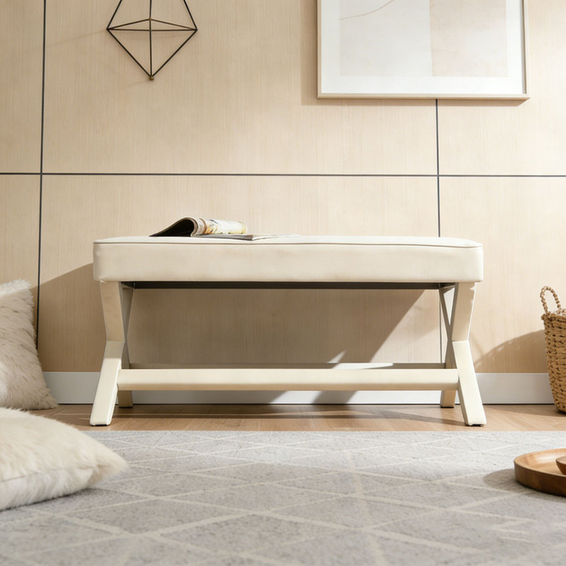 Bench Upholstered in Velvet Fabric, Beige