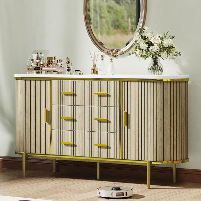 Sideboard Buffet Cabinet with Fluted Wood Construction, 6 Drawers and 2 Sliding Doors Storage Credenza for Living Room and Kitchen