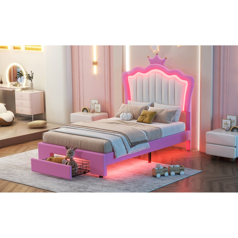 Lit plateforme tapissier simple avec DEL, tête de lit couronne, rose + blanc, stable et calme