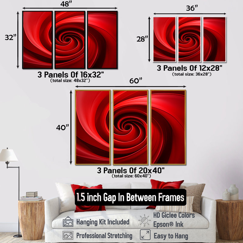 «Red Perpetual Pulse Vortex - Abstract Spirals», ensemble d'art sur toile, H 28 po x l 36 po x P 1 po, Cadre flottant brun