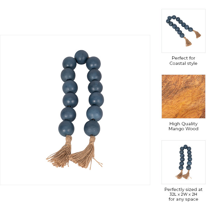 Teal Mango Wood and Jute Beaded Garland with Beige Tassels, 25"