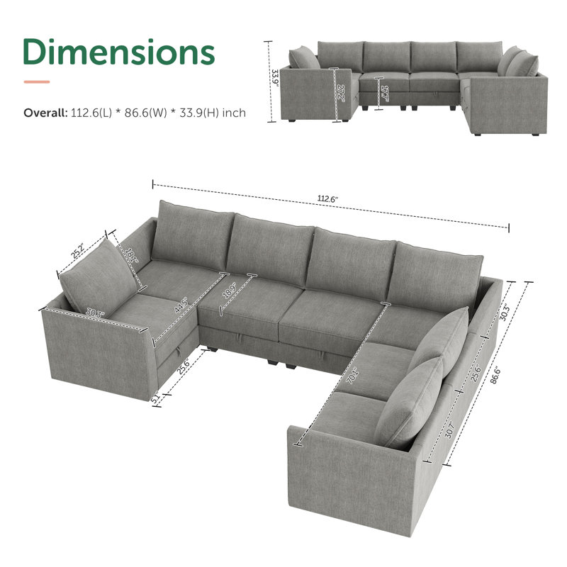 U-Shaped Corner Modular Upholstered Sectional Sofa with Storage Seat, Gray Polyester
