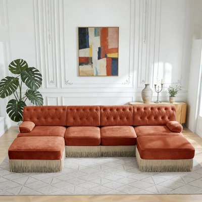 Canapé modulaire en velours rouge 135,6 po, 2 repose-pieds et conception capitonnée, facile à assembler