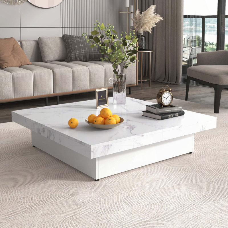 Table basse carrée avec plateau coulissant en placage de marbre et rangement - Blanc