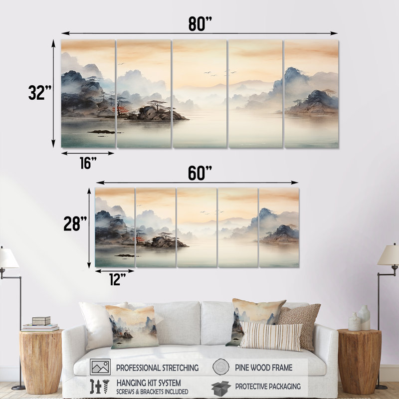 «Grey Tranquil Chinese Landscape Serenity II - China», art mural 5 pièces, H 28 po x l 60 po
