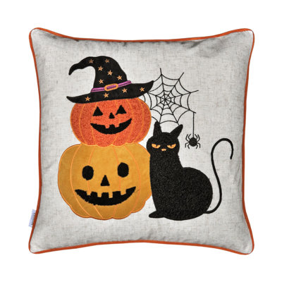 Square Throw Pillow, Cat And Pumpkin Stack, Ivory Linen-Like Fabric 20 Inch