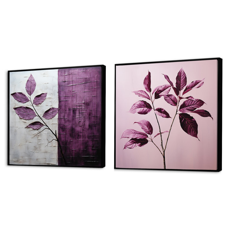Mauve feuilles de prune - ensemble de 2 feuilles de collage carré, Cadre flottant noir, H 16 po x l 33 po